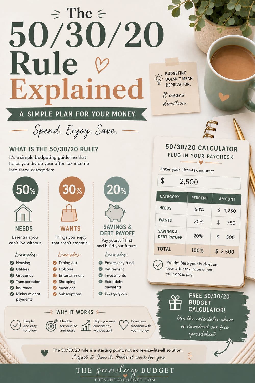 The 50/30/20 Budget Rule Explained + Calculator