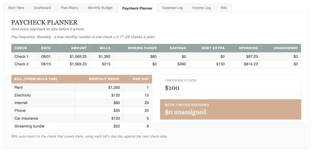Paycheck Planner tab